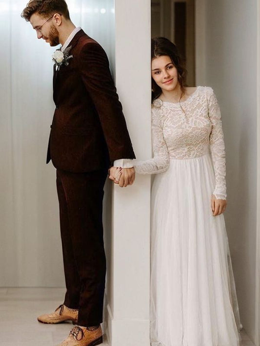 A-Line/Princess Lace Ruffles Scoop Long Sleeves Sweep/Brush Train Wedding Dresses Bridal Gowns
