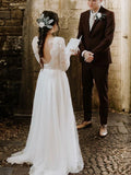 A-Line/Princess Lace Ruffles Scoop Long Sleeves Sweep/Brush Train Wedding Dresses Bridal Gowns
