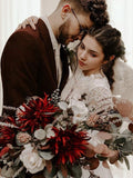 A-Line/Princess Lace Ruffles Scoop Long Sleeves Sweep/Brush Train Wedding Dresses Bridal Gowns