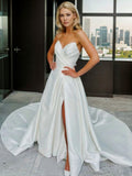 A-Line/Princess Satin Ruched Sweetheart Sleeveless Court Train Wedding Dresses Bridal Gowns