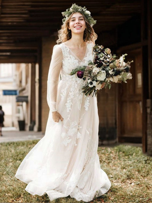 A-Line/Princess Tulle Applique V-neck Long Sleeves Sweep/Brush Train Wedding Dresses Bridal Gowns