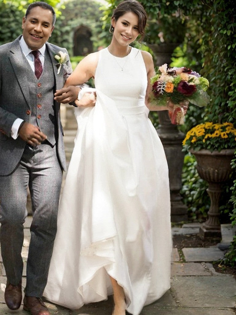 A-Line/Princess Satin Ruffles Scoop Sleeveless Sweep/Brush Train Wedding Dresses Bridal Gowns