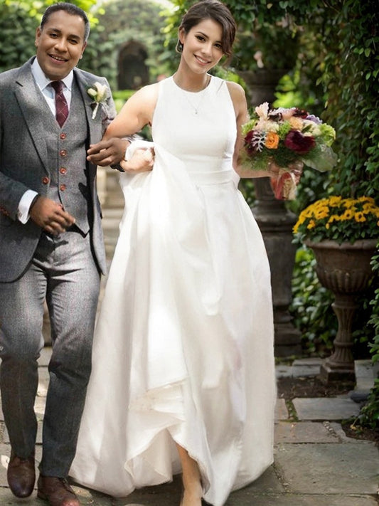 A-Line/Princess Satin Ruffles Scoop Sleeveless Sweep/Brush Train Wedding Dresses Bridal Gowns