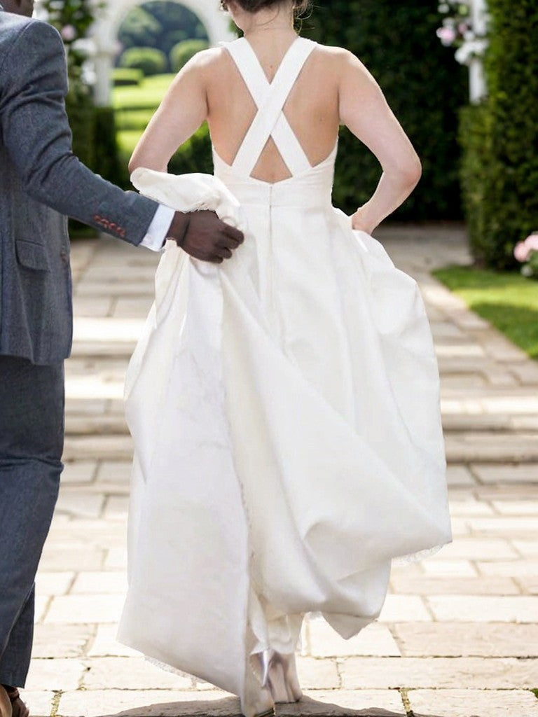 A-Line/Princess Satin Ruffles Scoop Sleeveless Sweep/Brush Train Wedding Dresses Bridal Gowns