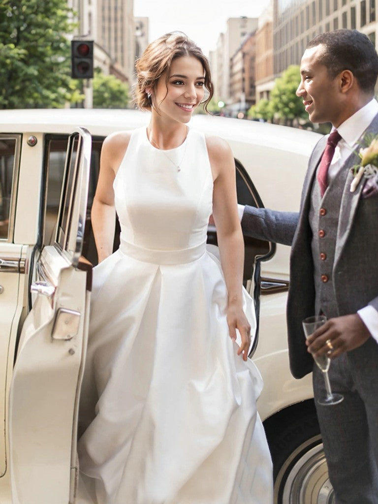 A-Line/Princess Satin Ruffles Scoop Sleeveless Sweep/Brush Train Wedding Dresses Bridal Gowns