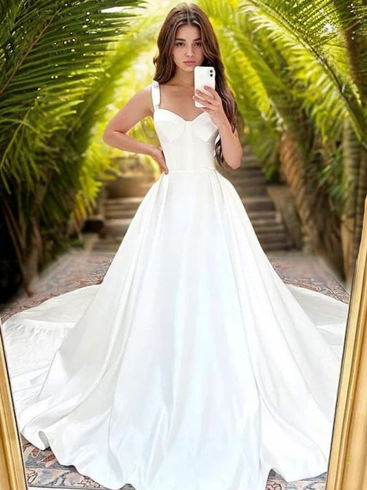 A-Line/Princess Satin Ruffles Straps Sleeveless Court Train Wedding Dresses Bridal Gowns