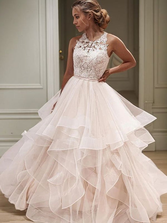 A-Line/Princess Tulle Lace Scoop Sleeveless Floor-Length Wedding Dresses Bridal Gowns
