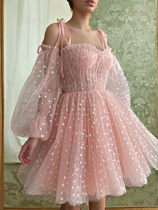A-Linie/Princess-Linie Rüschen Spaghettiträger Lange Ärmel Kurz/Mini Kleider Ballkleid