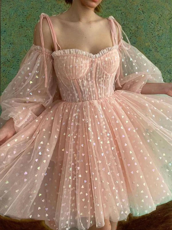 Vestido de fiesta de graduación, corte A/princesa, con volantes, tirantes finos, mangas largas, corto/mini
