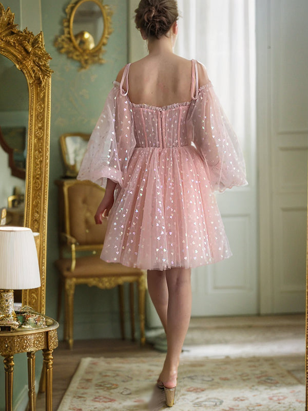 Vestido de fiesta de graduación, corte A/princesa, con volantes, tirantes finos, mangas largas, corto/mini