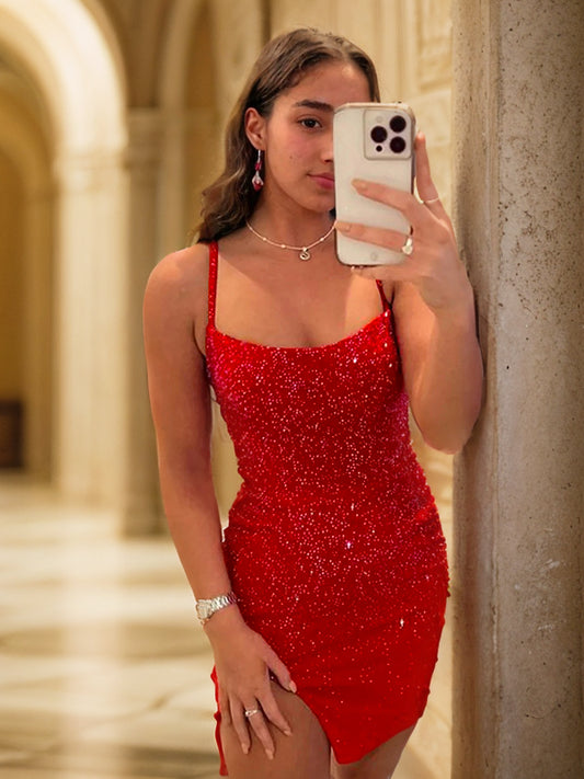 Vestido de cóctel de graduación, corto, sin mangas, con tirantes finos y corte en forma de tubo/columna