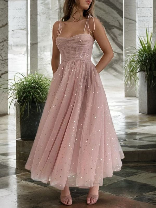 Vestido de fiesta de graduación con corte A/princesa, volantes, tirantes finos, sin mangas y largo hasta los tobillos