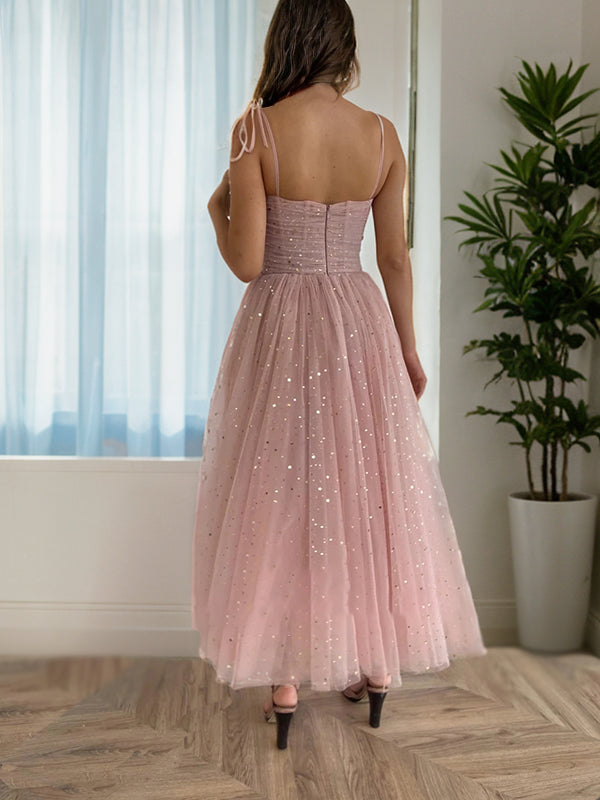 Vestido de fiesta de graduación con corte A/princesa, volantes, tirantes finos, sin mangas y largo hasta los tobillos