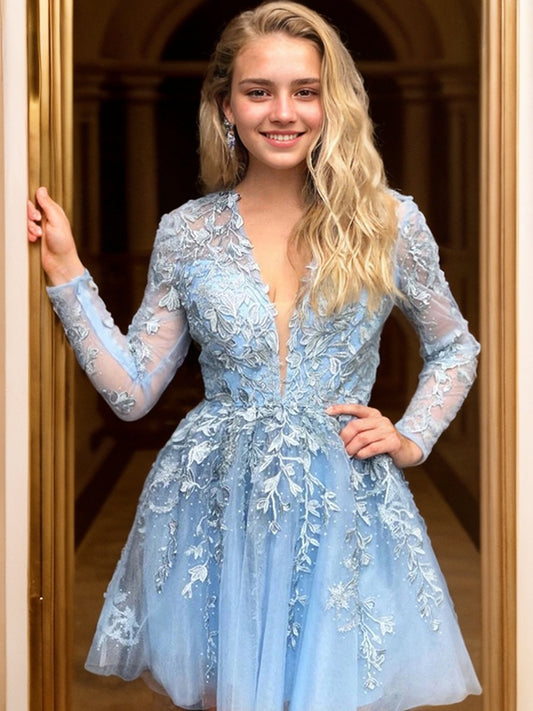 A-Linie/Princess-Linie Spitze Applikationen V-Ausschnitt Lange Ärmel Kurz/Mini Kleider Ballkleid
