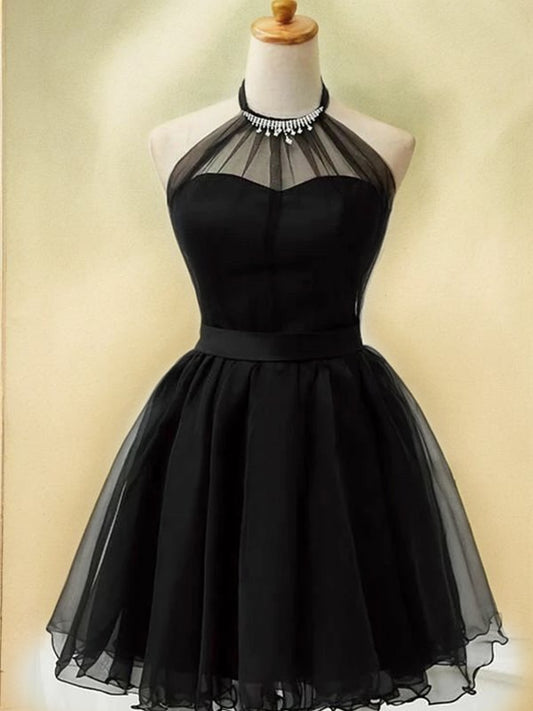 Vestido de fiesta de graduación, corte A/princesa, tul, volantes, cuello halter, sin mangas, corto/mini