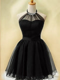 Vestido de fiesta de graduación, corte A/princesa, tul, volantes, cuello halter, sin mangas, corto/mini