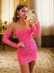 Vestido de cóctel de graduación con escote en forma de corazón, manga larga, corto y columna de encaje