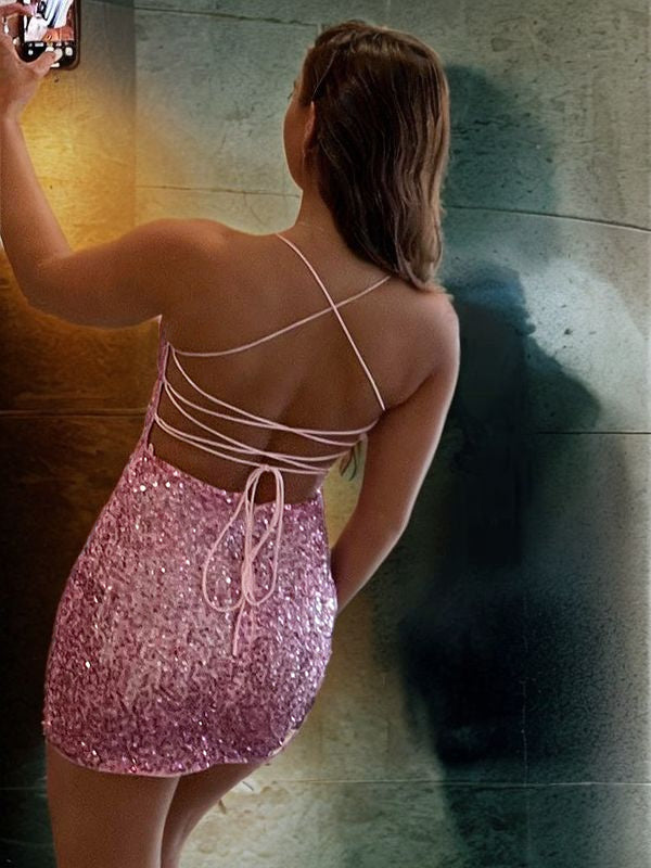 Vestido de cóctel de graduación, corto, sin mangas, con tirantes finos y corte en forma de tubo/columna