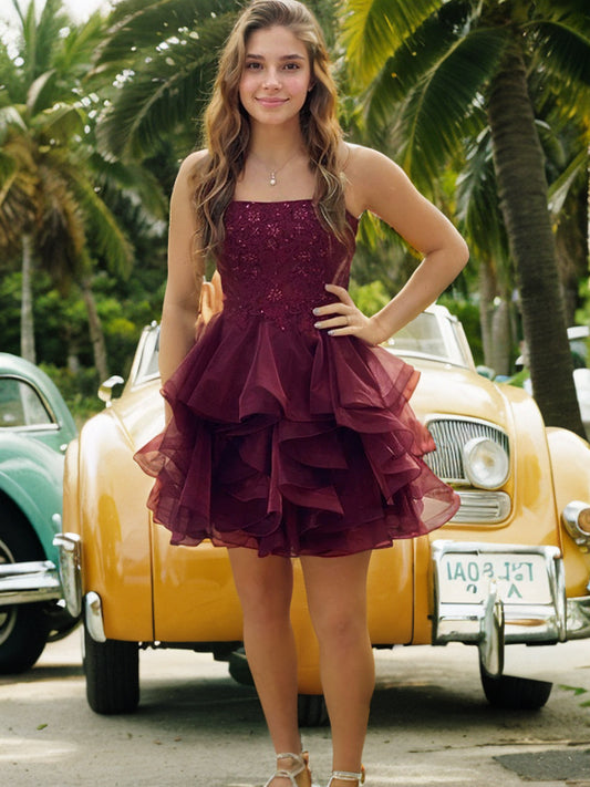 Vestido de fiesta de graduación, corte A/princesa, de tul, con volantes, sin tirantes, sin mangas, corto/mini