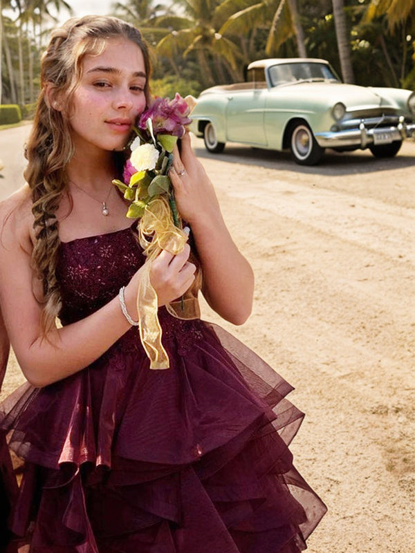 Vestido de fiesta de graduación, corte A/princesa, de tul, con volantes, sin tirantes, sin mangas, corto/mini