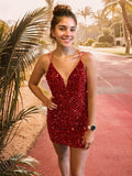 Vestido tubo/columna con escote en V, sin mangas, corto/mini, para graduación, cóctel, con lentejuelas