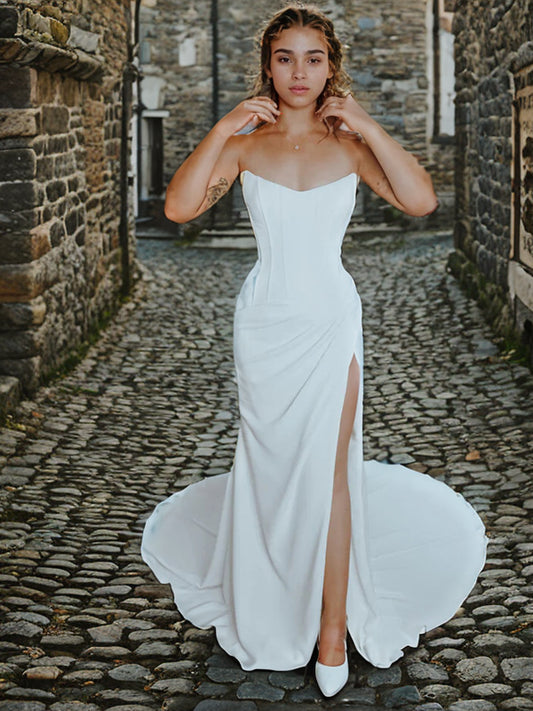 Sheath/Column Stretch Crepe Ruched Strapless Sleeveless Court Train Wedding Dresses Bridal Gowns