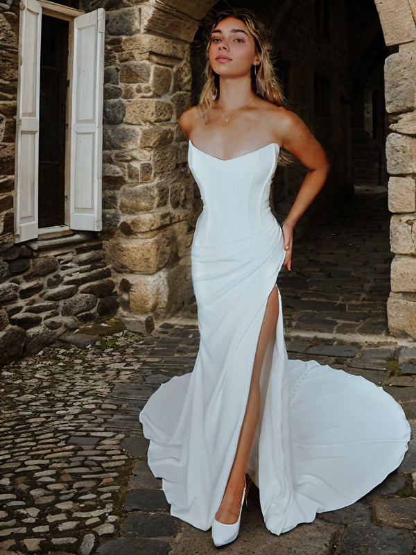 Sheath/Column Stretch Crepe Ruched Strapless Sleeveless Court Train Wedding Dresses Bridal Gowns