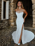 Sheath/Column Stretch Crepe Ruched Strapless Sleeveless Court Train Wedding Dresses Bridal Gowns