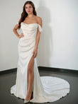 Sheath/Column Charmeuse Ruched Off-the-Shoulder Sleeveless Court Train Wedding Dresses Bridal Gowns