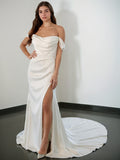 Sheath/Column Charmeuse Ruched Off-the-Shoulder Sleeveless Court Train Wedding Dresses Bridal Gowns