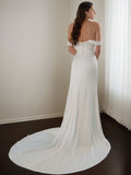 Sheath/Column Charmeuse Ruched Off-the-Shoulder Sleeveless Court Train Wedding Dresses Bridal Gowns