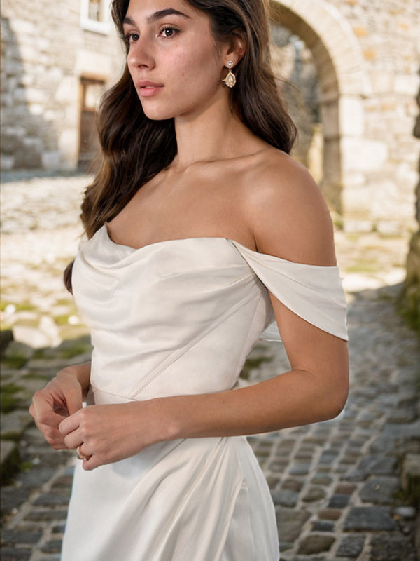 Sheath/Column Charmeuse Ruched Off-the-Shoulder Sleeveless Court Train Wedding Dresses Bridal Gowns