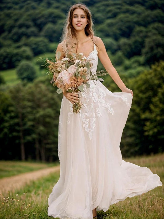 A-Line/Princess Tulle Applique V-neck Sleeveless Sweep/Brush Train Wedding Dresses Bridal Gowns