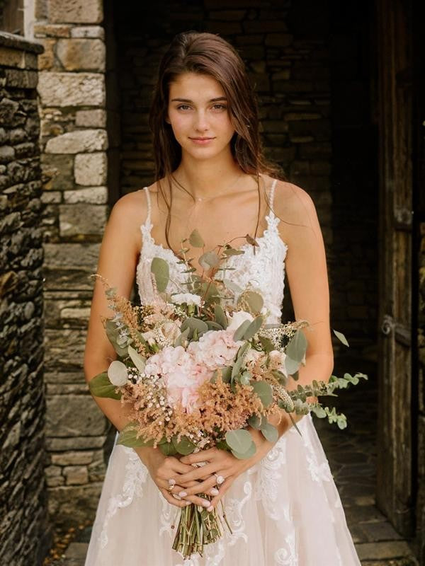 A-Line/Princess Tulle Applique V-neck Sleeveless Sweep/Brush Train Wedding Dresses Bridal Gowns