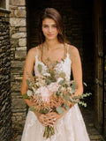 A-Line/Princess Tulle Applique V-neck Sleeveless Sweep/Brush Train Wedding Dresses Bridal Gowns