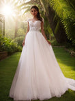 A-Line/Princess Tulle Applique Bateau Sleeveless Court Train Wedding Dresses Bridal Gowns