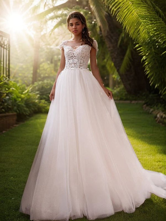A-Line/Princess Tulle Applique Bateau Sleeveless Court Train Wedding Dresses Bridal Gowns