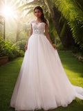 A-Line/Princess Tulle Applique Bateau Sleeveless Court Train Wedding Dresses Bridal Gowns