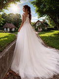 A-Line/Princess Tulle Applique Bateau Sleeveless Court Train Wedding Dresses Bridal Gowns