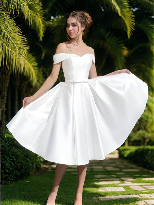 A-Line/Princess Satin Ruched Off-the-Shoulder Sleeveless Knee-Length Wedding Dresses Bridal Gowns