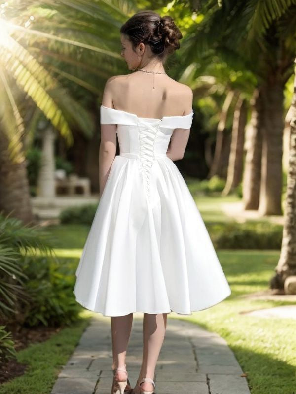 A-Line/Princess Satin Ruched Off-the-Shoulder Sleeveless Knee-Length Wedding Dresses Bridal Gowns
