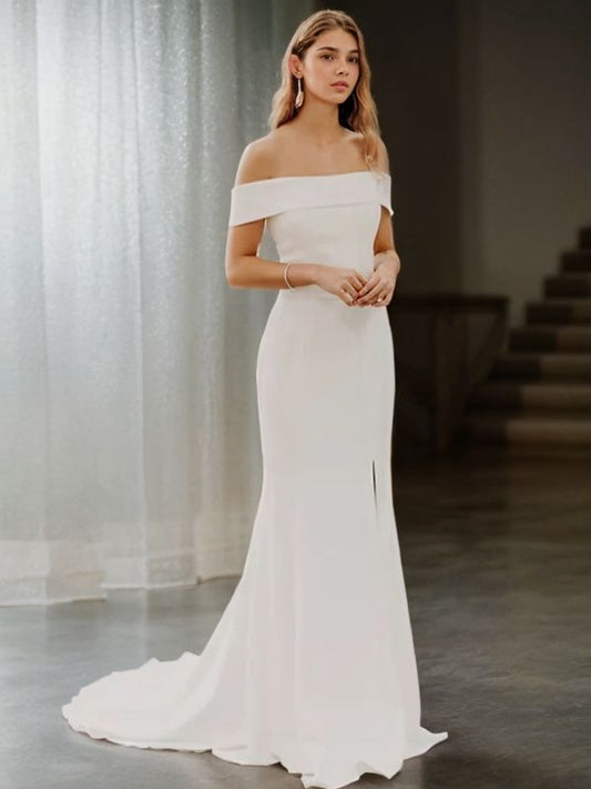 Sheath/Column Stretch Crepe Off-the-Shoulder Sleeveless Sweep/Brush Train Wedding Dresses Bridal Gowns