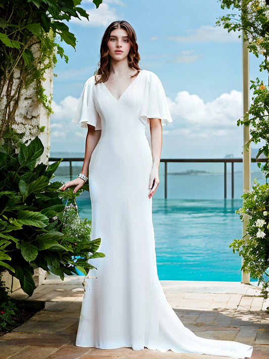 Sheath/Column Stretch Crepe Ruffles V-neck 1/2 Sleeves Sweep/Brush Train Wedding Dresses Bridal Gowns