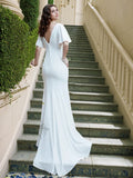 Sheath/Column Stretch Crepe Ruffles V-neck 1/2 Sleeves Sweep/Brush Train Wedding Dresses Bridal Gowns