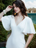 Sheath/Column Stretch Crepe Ruffles V-neck 1/2 Sleeves Sweep/Brush Train Wedding Dresses Bridal Gowns