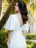 Sheath/Column Stretch Crepe Ruffles V-neck 1/2 Sleeves Sweep/Brush Train Wedding Dresses Bridal Gowns