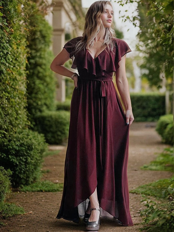 A-Line/Princess Chiffon Ruffles V-neck Sleeveless Floor-Length Bridesmaid Dresses Evening Prom Dress