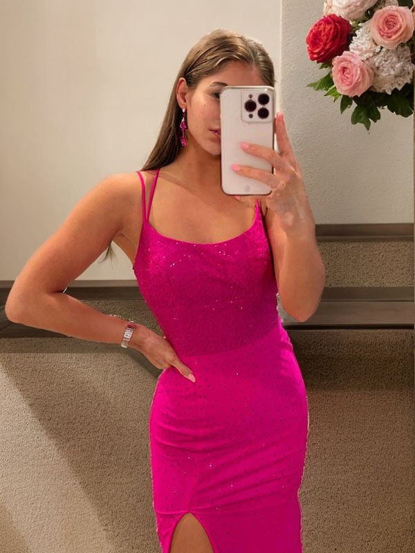 Sheath/Column Jersey Spaghetti Straps Sleeveless Sweep/Brush Train Dresses Prom Evening Dress