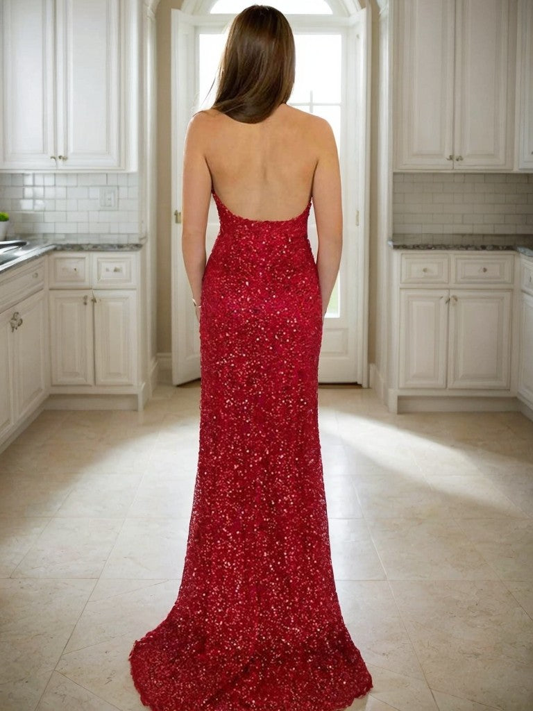 Sheath/Column Sequins Halter Sleeveless Sweep/Brush Train Dresses Prom Evening Dress