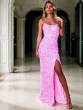 Sheath/Column Velvet Sequins Spaghetti Straps Sleeveless Sweep/Brush Train Dresses Prom Dress